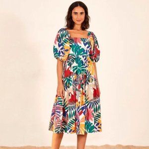 NWT - Farm Rio Off White Macaw Midi Dress, Size Small NEW $230